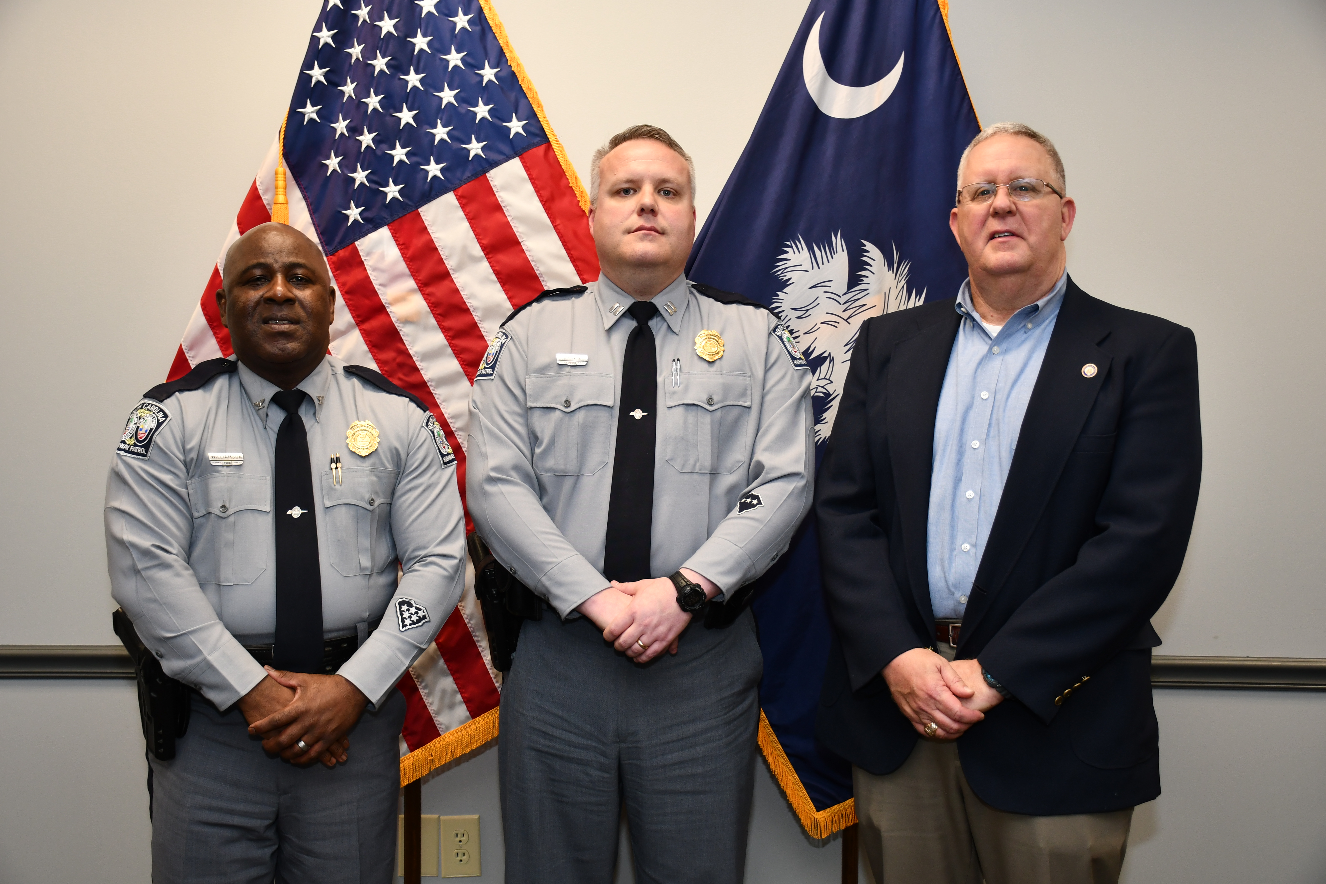 SC Highway Patrol Col. Chris Williamson, Capt. Kevin Brown, SCDPS Director Robert G. Woods, IV.
