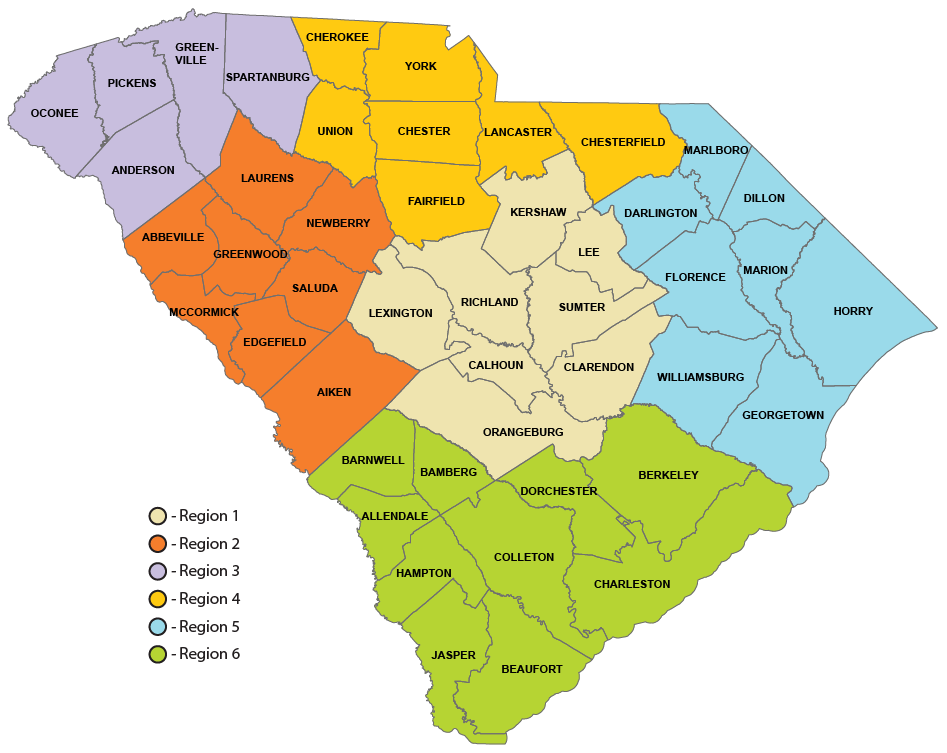 South Carolina map with State Transport Police regions identified
